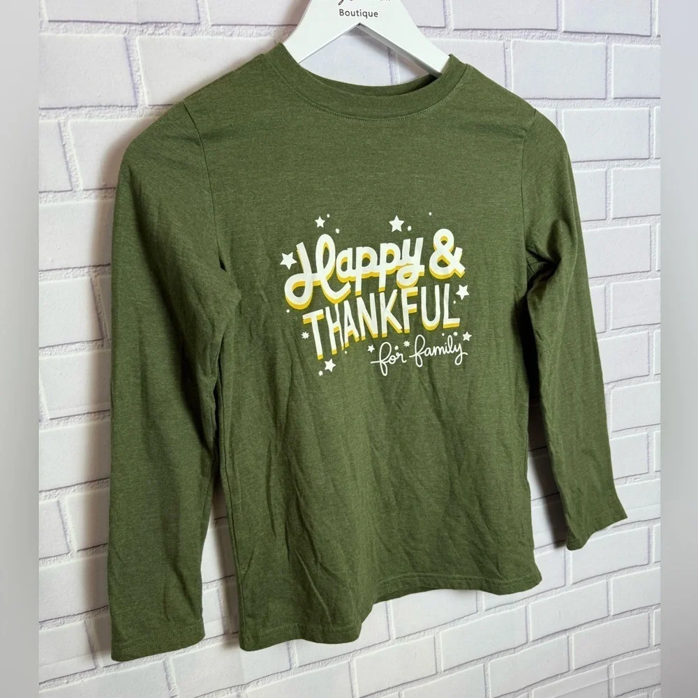 Cat & Jack Green 'Happy & Thankful' Long Sleeve Tee Thanksgiving/size M
